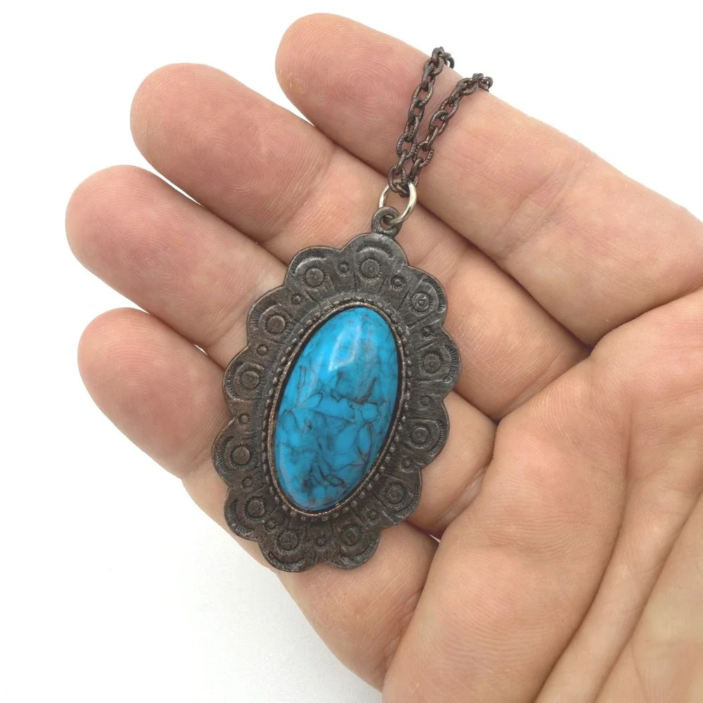 Necklace Womens Faux Turquoise Pendant Blue Boho Bronze